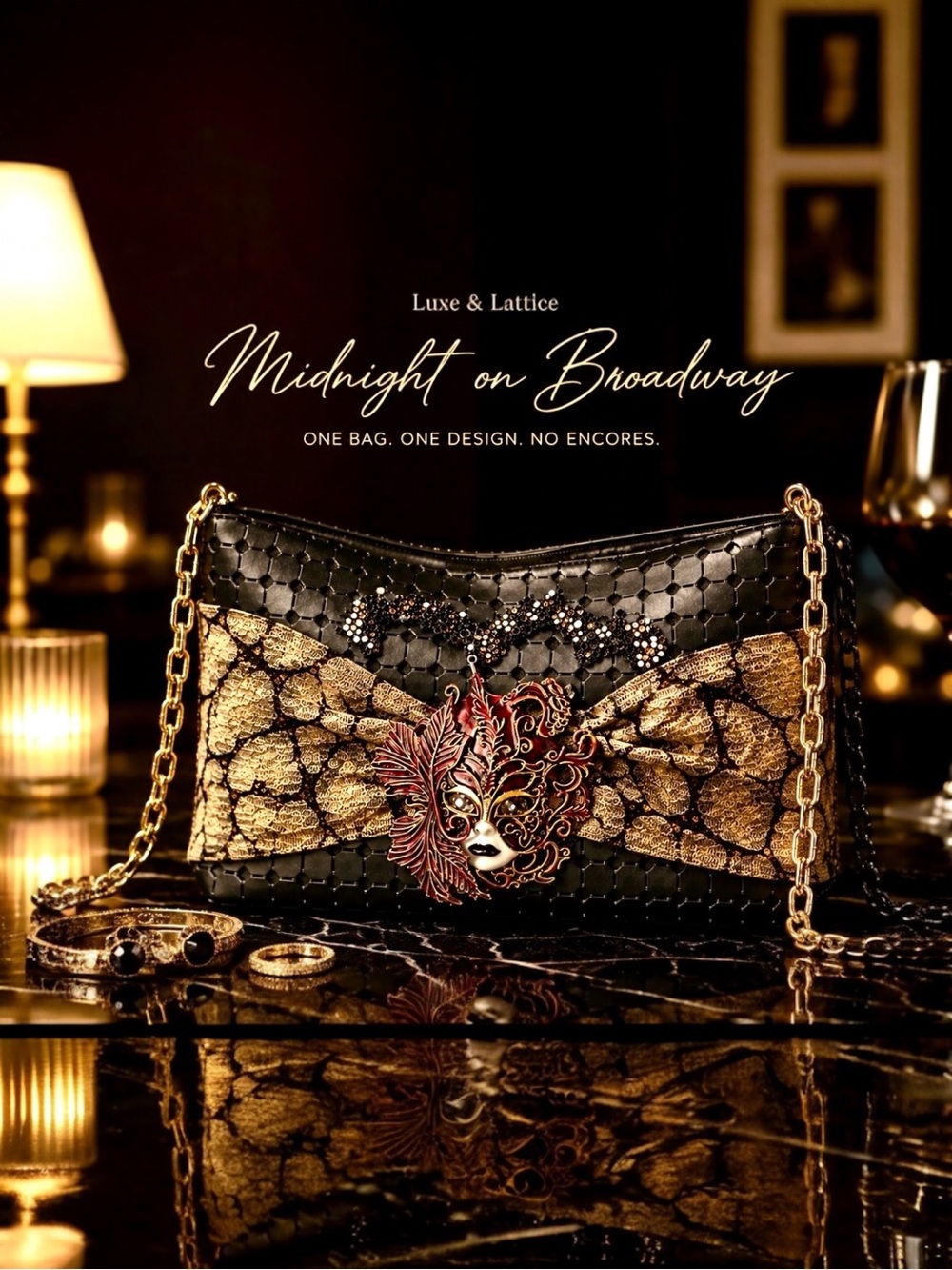 Midnight on Broadway Black and Gold Evening Bag Luxe & Lattice Original 2 chains